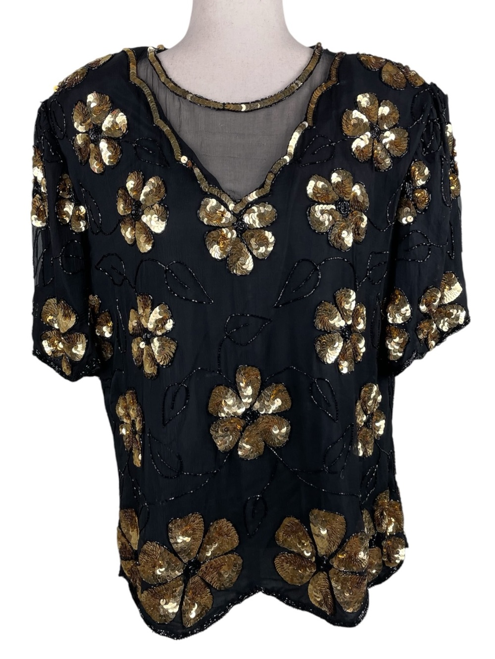 Vintage Laurence Kazar Beaded Sequin Silk Top Plus Size 2X Black Gold Art Deco